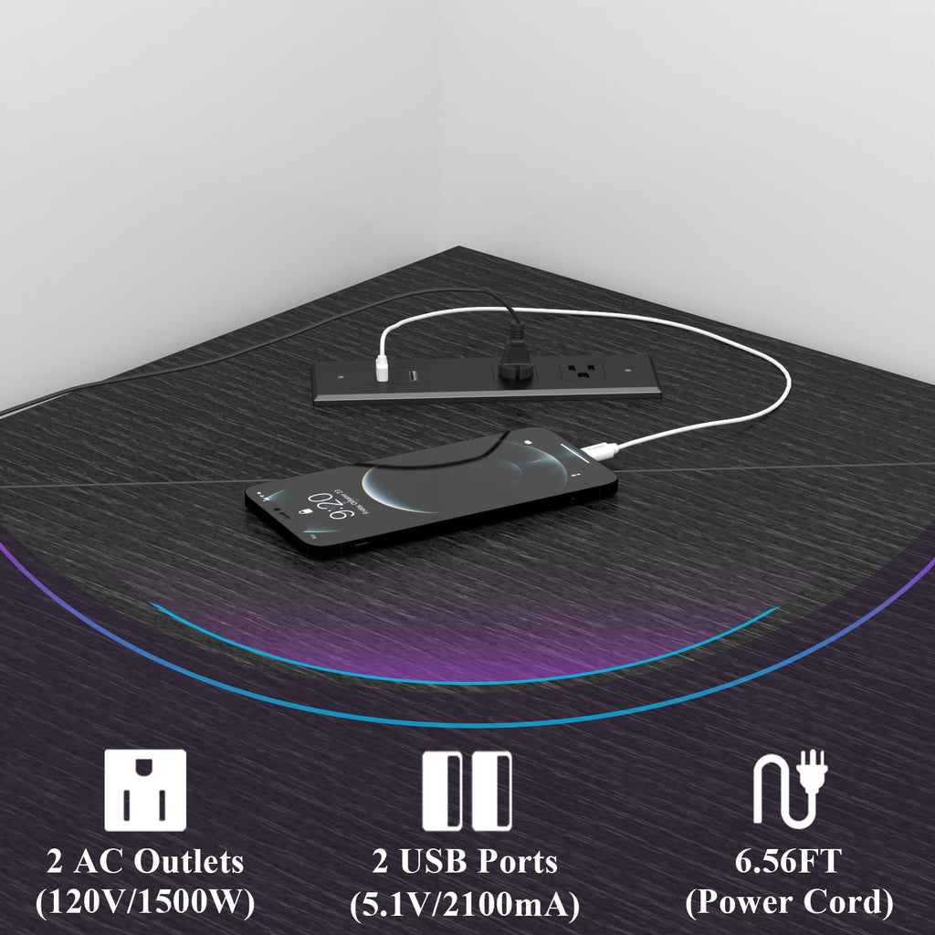 Auromie Corner Desk with Charging Station & LED Light, Triangle Corner Desk with Monitor Stand & Keyboard Tray