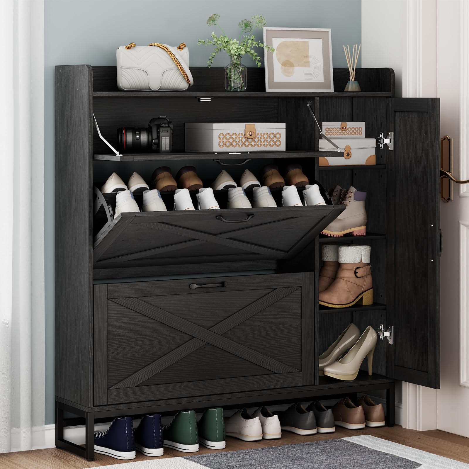 Auromie Rustic Plus: Free Standing Shoe Organizer with 2 Flip Drawers and Adjustable Side Cabinet for Narrow Entryway and Living Room
