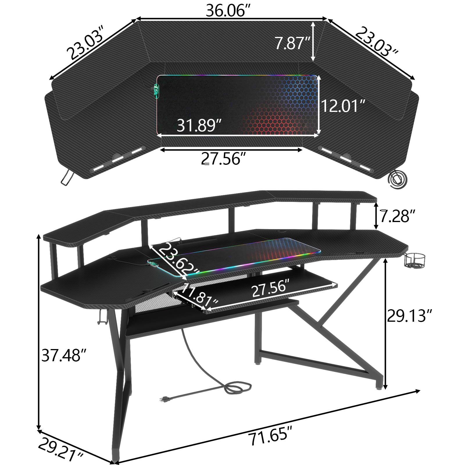 Auromie 72" Gaming Desk with Power Outlets & LED Lights, Computer Desk with Monitor Stand & Storage Shelves, Large Wing-Shaped Computer Table with Keyboard Tray & RGB Mouse Pad for Home Office