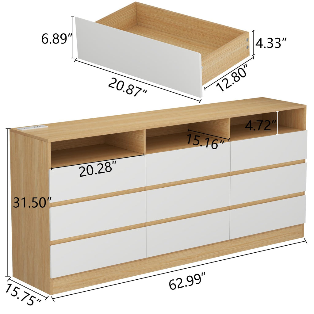 Auromie 9 Drawers Dresser, Double Modern Chest of Drawers with Power Outlet, Dresser TV Stand with Led Light Strip, Drawer Organizer for Bedroom, Living Room, Hallway (White, 9 Drawer)