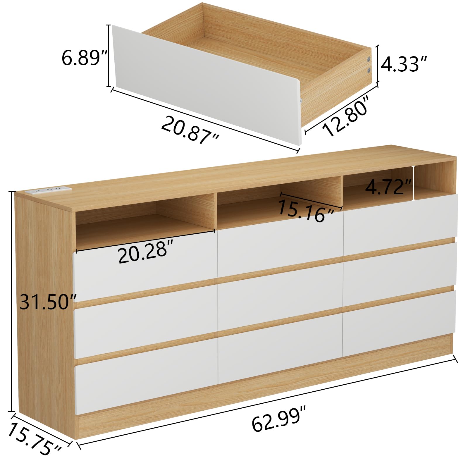 Auromie 9 Drawers Dresser, Double Modern Chest of Drawers with Power Outlet, Dresser TV Stand with Led Light Strip, Drawer Organizer for Bedroom, Living Room, Hallway (White, 9 Drawer)