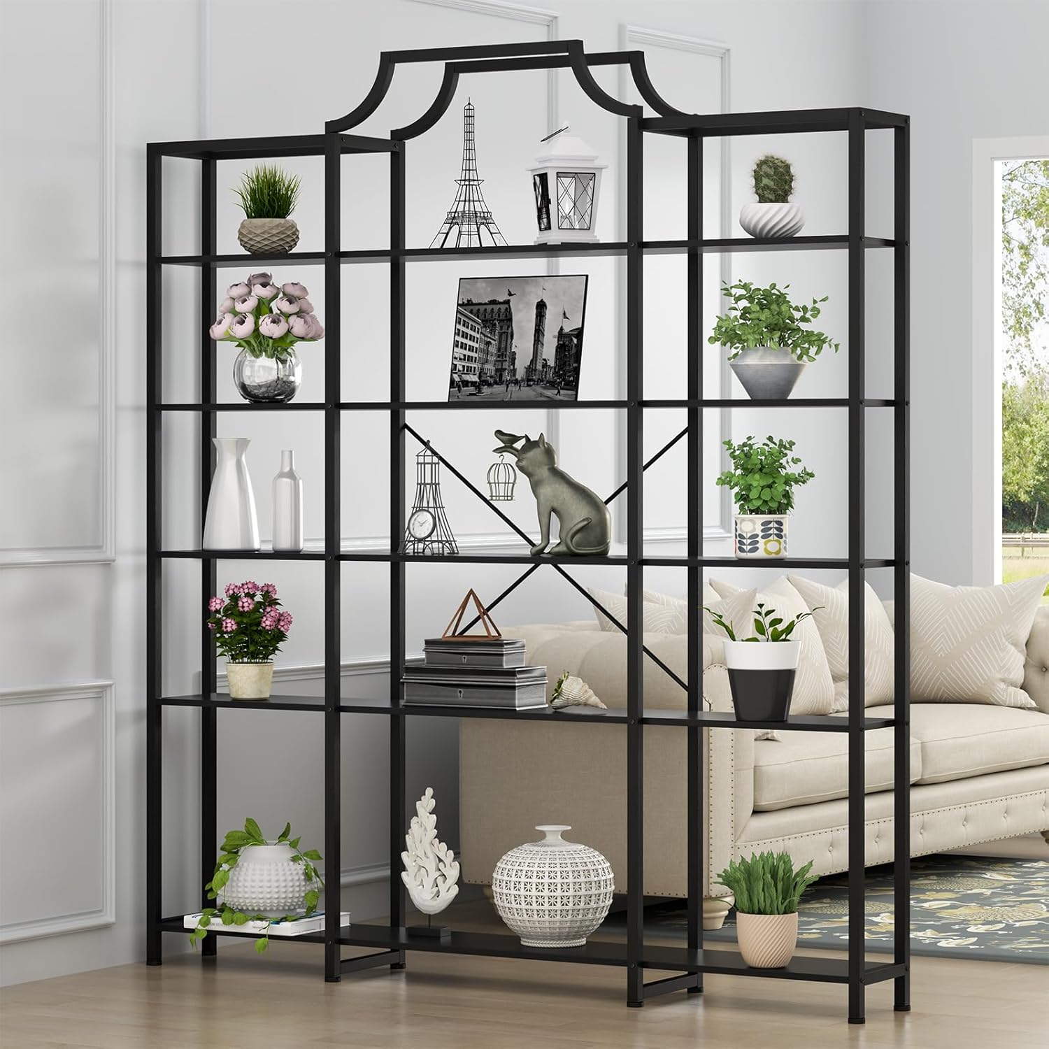 Auromie Triple Wide 5-Tier Bookshelf, 70.87" L x 79.13" H Extra Large Bookcase, Tall Open Etagere Display Shelf with Metal Frame, Freestanding Modern Storage Shelves for Home Office (Black)