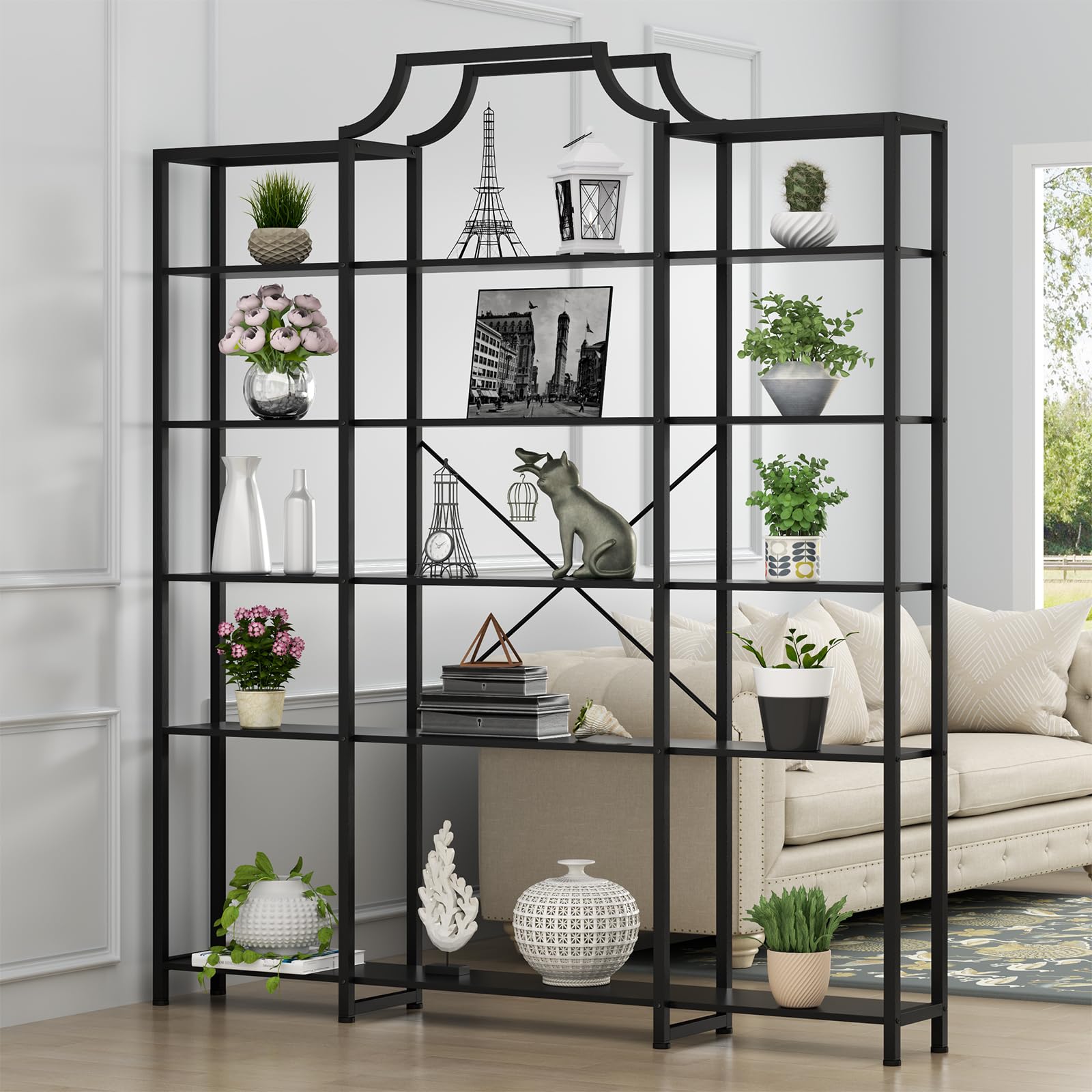Auromie Triple Wide 5-Tier Bookshelf, 70.87" L x 79.13" H Extra Large Bookcase, Tall Open Etagere Display Shelf with Metal Frame, Freestanding Modern Storage Shelves for Home Office, Black&White