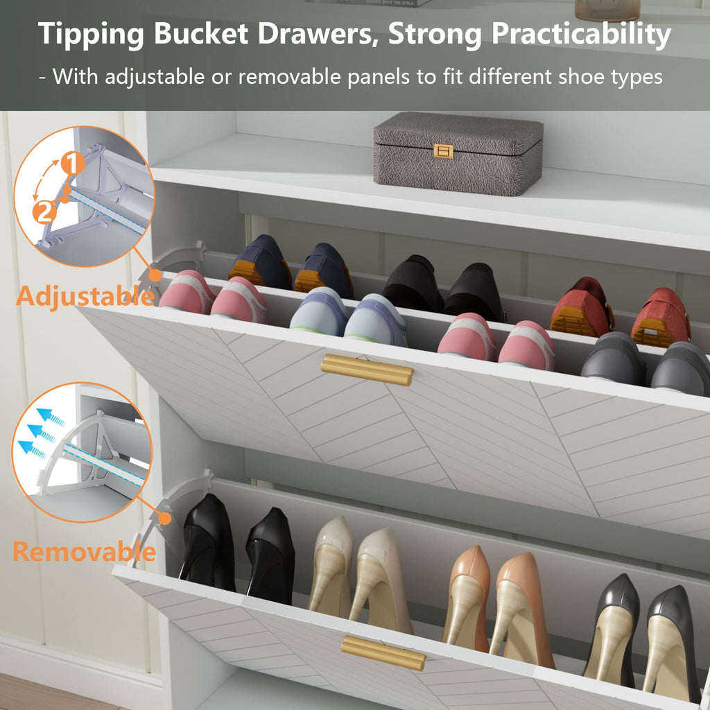 Auromie Tipping Bucket Shoe Storage Cabinet with 2 Flip Drawers, Modern Entryway Shoe Rack with Storage Top Cubby, Narrow Slim Hidden Organizer with Doors, Freestanding (Black)