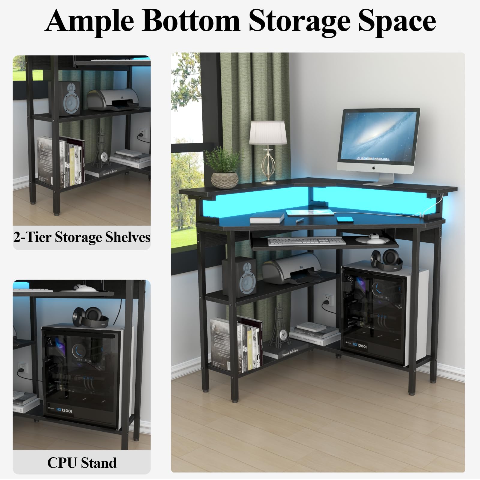 Auromie Corner Desk with Charging Station & LED Light, Triangle Corner Desk with Monitor Stand & Keyboard Tray
