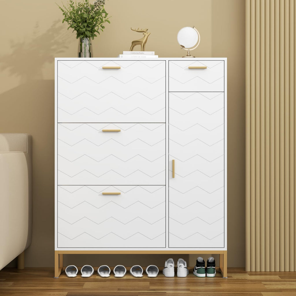 Auromie Tipping Bucket Shoe Storage Cabinet with 2 Flip Drawers, Modern Entryway Shoe Rack with Storage Top Cubby, Narrow Slim Hidden Organizer with Doors, Freestanding (Black)