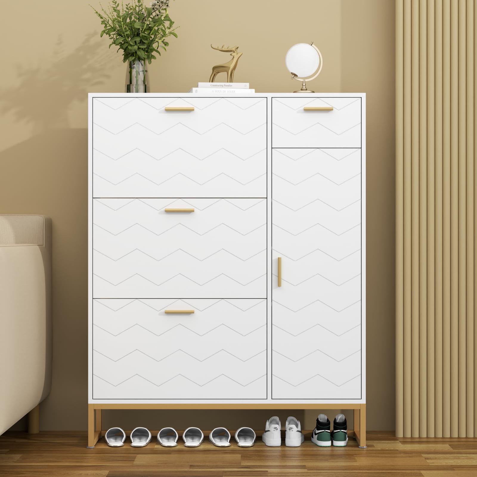 Auromie Tipping Bucket Shoe Storage Cabinet with 2 Flip Drawers, Modern Entryway Shoe Rack with Storage Top Cubby, Narrow Slim Hidden Organizer with Doors, Freestanding (Black)