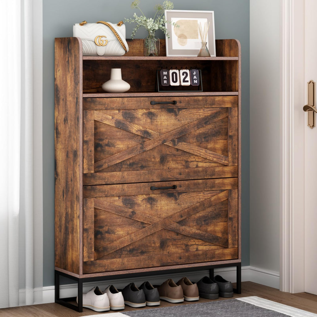 Auromie Rustic Plus: Free Standing Shoe Organizer with 2 Flip Drawers and Adjustable Side Cabinet for Narrow Entryway and Living Room