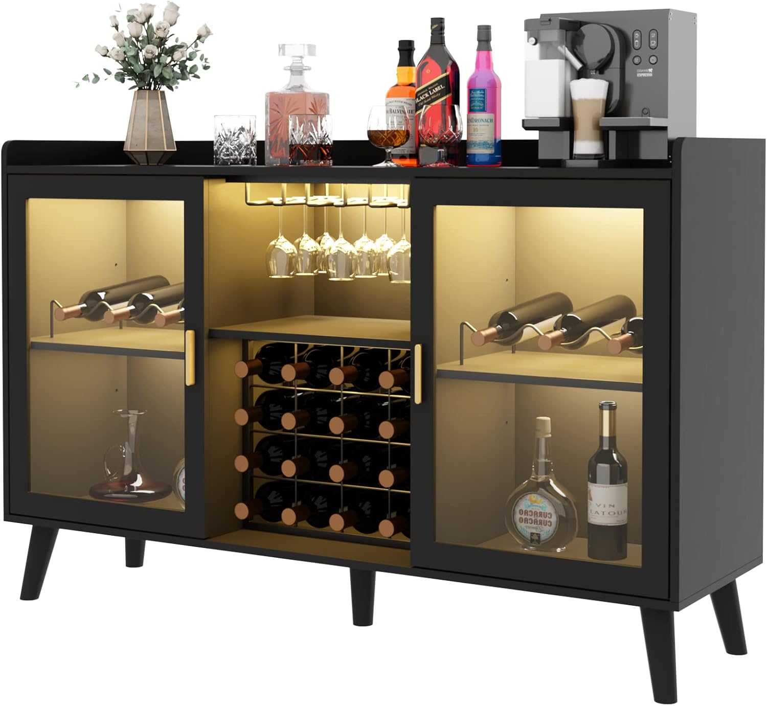 Auromie Wine Bar Cabinet with Led Light, Home Coffee Cabinet with Wine and Glass Rack, Kitchen Buffet Sideboard with Storage Shelves, Freestanding Liquor Cabinet for Living Room, Dining Room (Black)