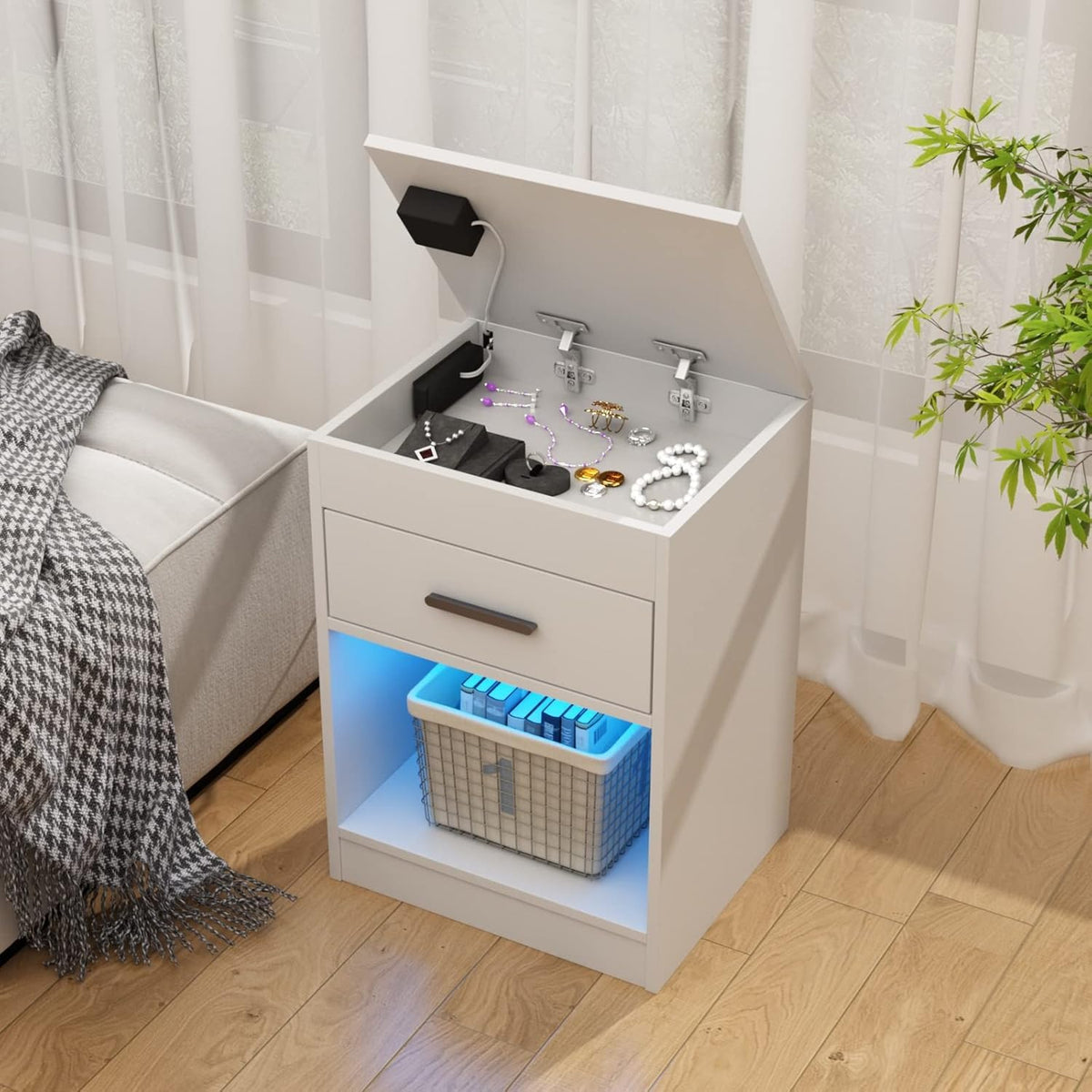 Auromie Nightstand with Charging Station and LED Lights, Concealment Furniture with RFID Lock Cabinet