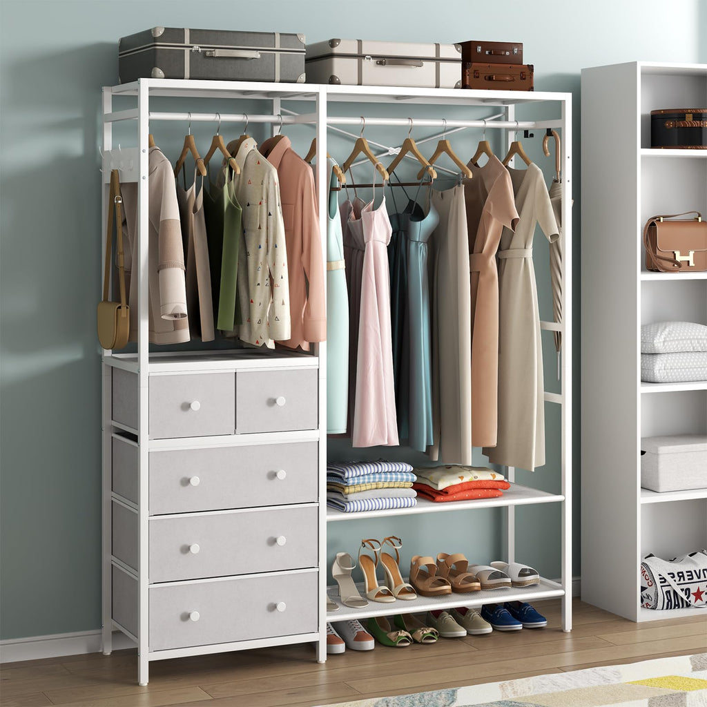 Auromie Clothes Rack with 5 Drawers & 4 Storage Shelves, 59.1W*70.9H Heavy Duty Clothing Rack with 2 Hanging Rods, Wardrobe Closet Organizer System with 5 Hooks, Freestanding Garment Rack (Rustic)