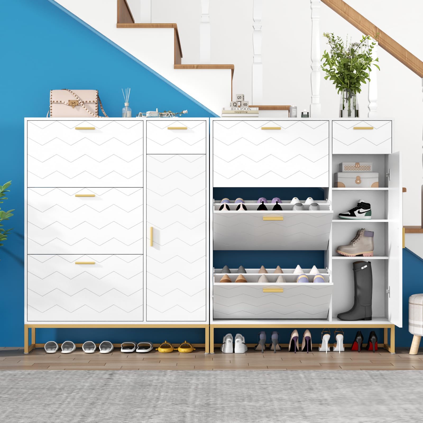 Auromie Tipping Bucket Shoe Storage Cabinet with 2 Flip Drawers, Modern Entryway Shoe Rack with Storage Top Cubby, Narrow Slim Hidden Organizer with Doors, Freestanding (Black)