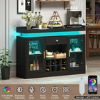 Wine Bar Cabinet with LED Light, Home Coffee Bar Cabinet with Wine and Glass Rack, Modern Sideboard Buffet w/ Storage Drawer & Shelves, Freestanding Liquor Cabinets for Living Room,Dining Room (Black)