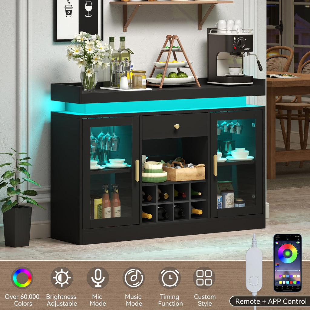 Wine Bar Cabinet with LED Light, Home Coffee Bar Cabinet with Wine and Glass Rack, Modern Sideboard Buffet w/ Storage Drawer & Shelves, Freestanding Liquor Cabinets for Living Room,Dining Room (Black)