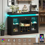 Wine Bar Cabinet with LED Light, Home Coffee Bar Cabinet with Wine and Glass Rack, Modern Sideboard Buffet w/ Storage Drawer & Shelves, Freestanding Liquor Cabinets for Living Room,Dining Room (Black)