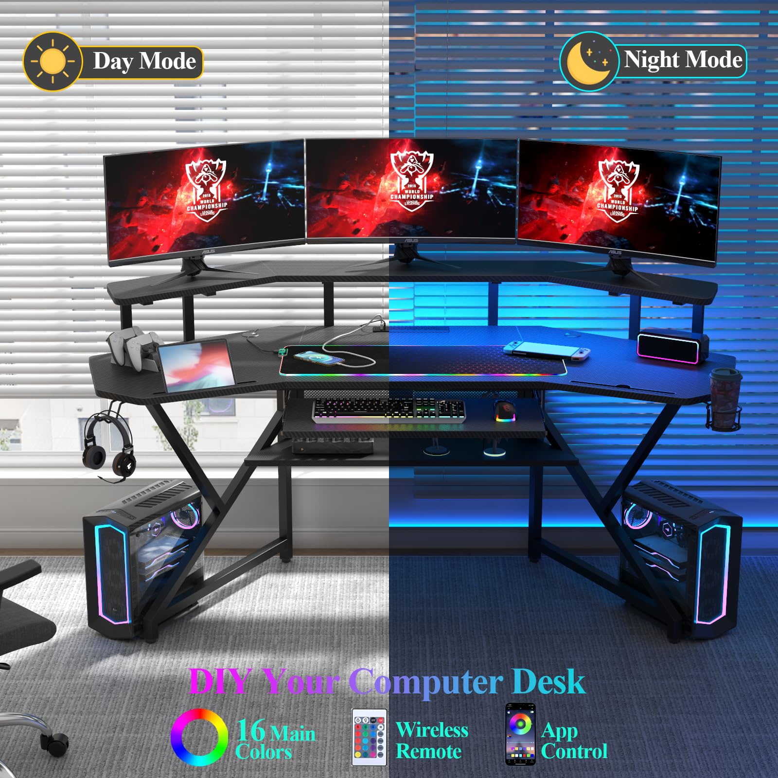 Auromie 72" Gaming Desk with Power Outlets & LED Lights, Computer Desk with Monitor Stand & Storage Shelves, Large Wing-Shaped Computer Table with Keyboard Tray & RGB Mouse Pad for Home Office