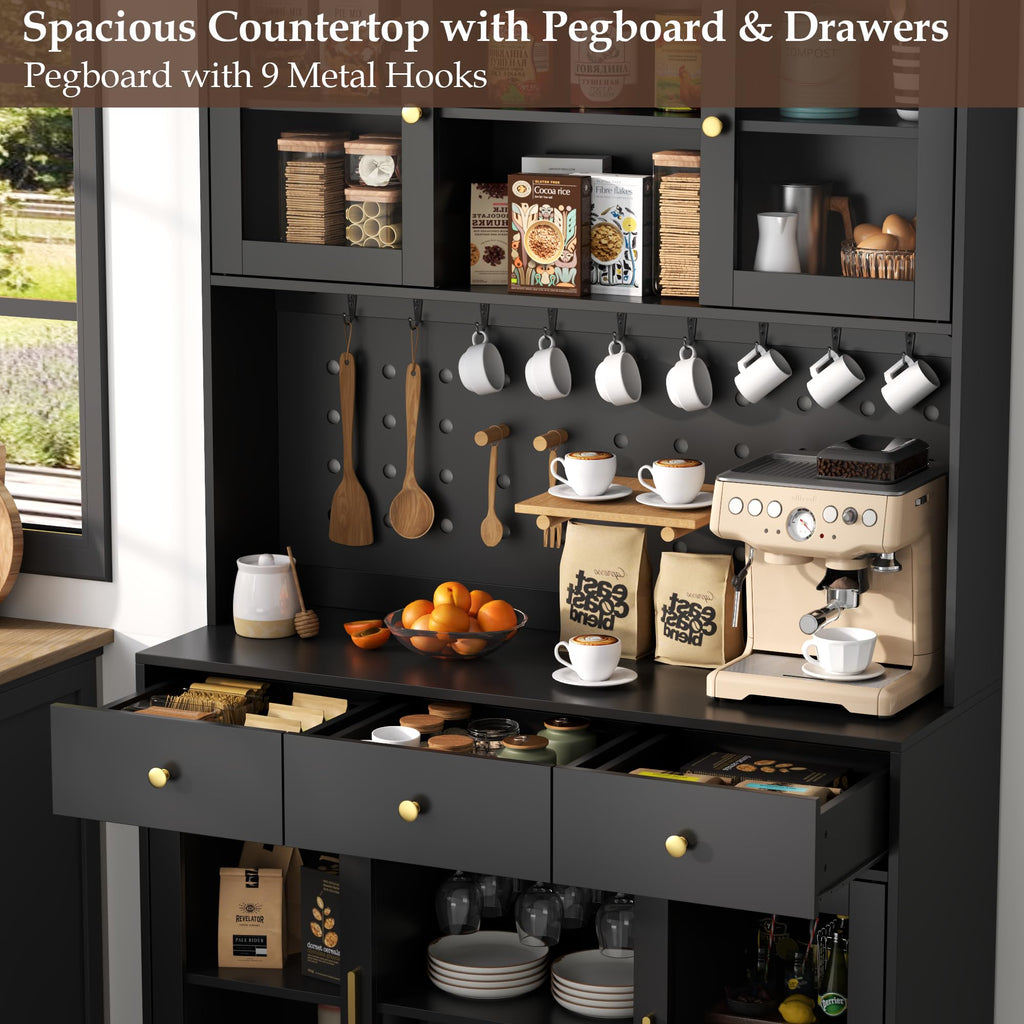 72" Tall Wine Bar Cabinet with Storage Hutch & Pegboard, Coffee Bar Cabinet with LED Lights, Modern Liquor Cabinets with 9-grid Wine & Glass Racks, Pantry Cabinet for Kitchen, Living Room (Black)