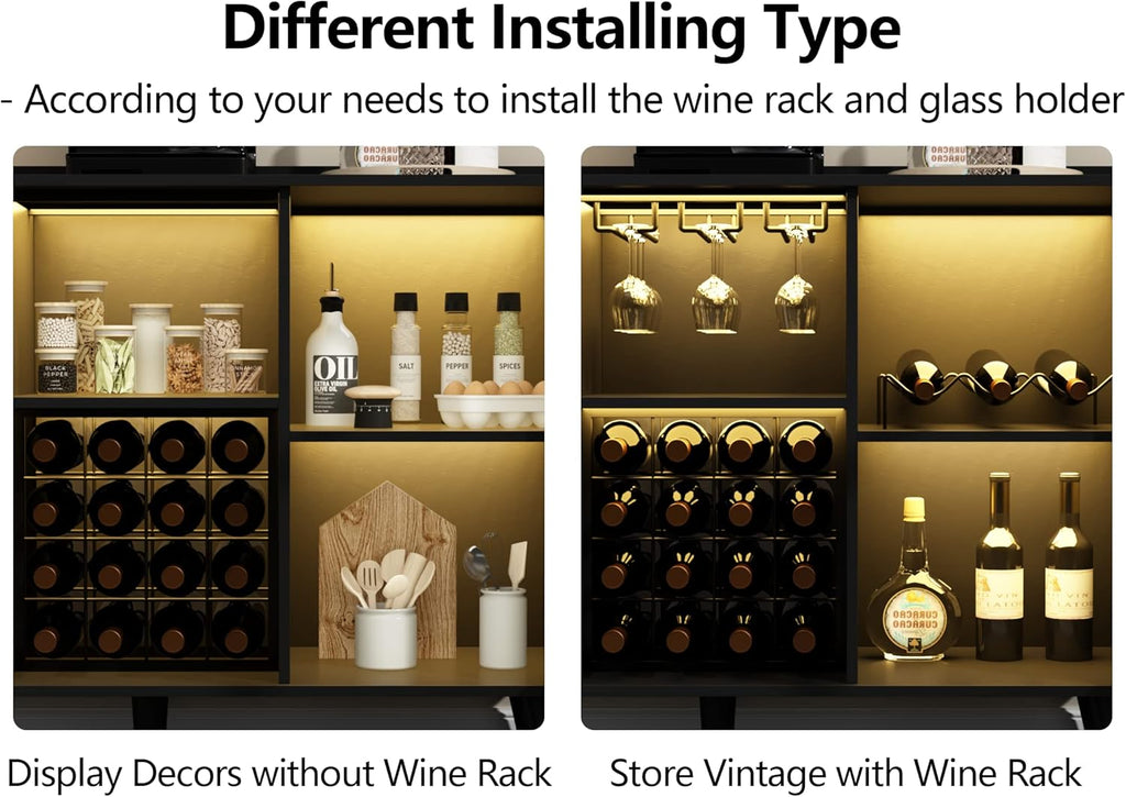 Auromie Wine Bar Cabinet with Led Light, Home Coffee Cabinet with Wine and Glass Rack, Kitchen Buffet Sideboard with Storage Shelves, Freestanding Liquor Cabinet for Living Room, Dining Room (Black)