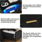 Fluted Nightstand with Led Lights and Charging Station - Led Night Stand with Gold Handle & Open Storage Cubby, 2 Drawer Nightstand with Curved Top, Bedside Nightstands for Bedroom (Black - 1 PC)