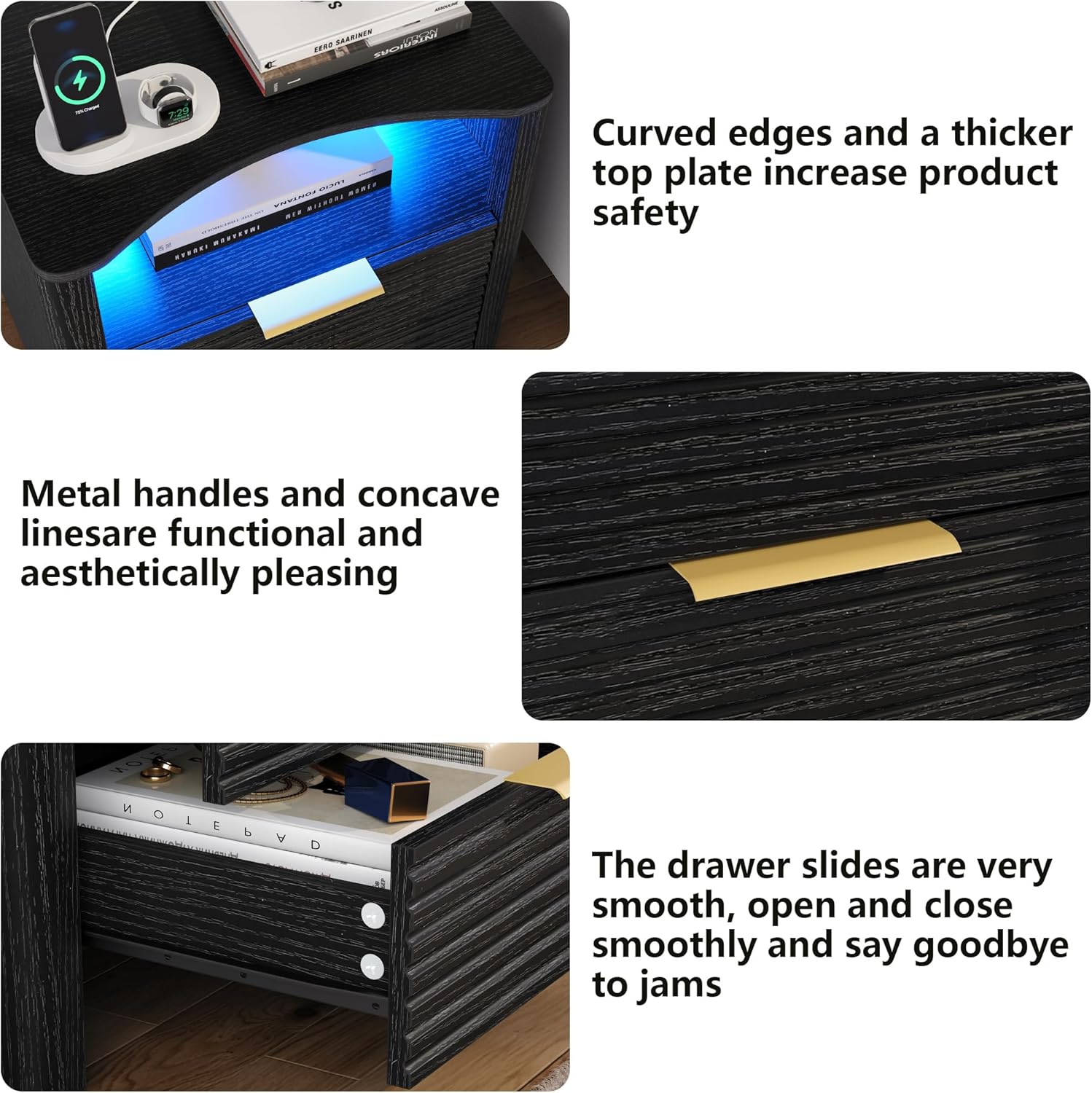 Fluted Nightstand with Led Lights and Charging Station - Led Night Stand with Gold Handle & Open Storage Cubby, 2 Drawer Nightstand with Curved Top, Bedside Nightstands for Bedroom (Black - 1 PC)