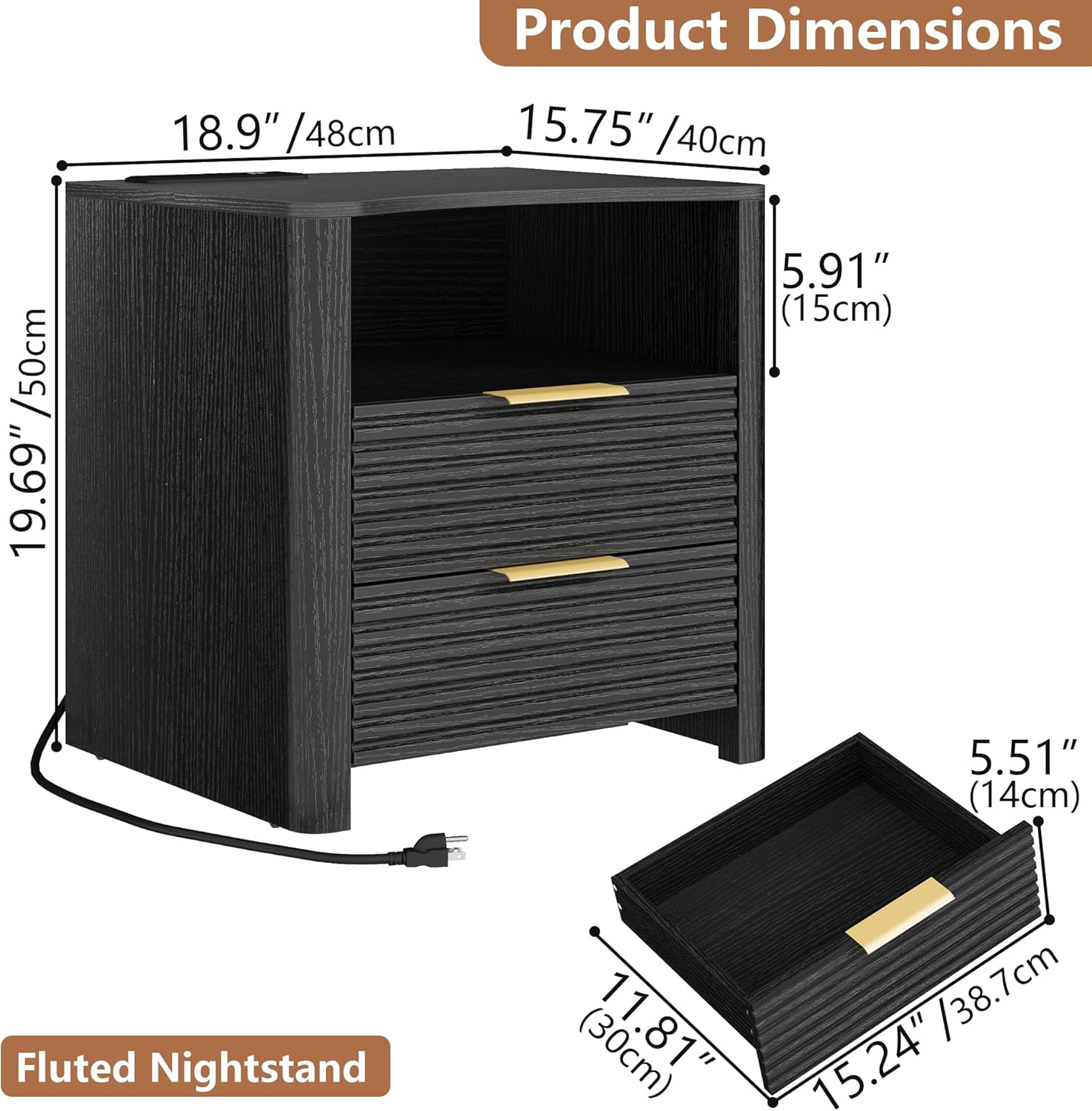 Fluted Nightstand with Led Lights and Charging Station - Led Night Stand with Gold Handle & Open Storage Cubby, 2 Drawer Nightstand with Curved Top, Bedside Nightstands for Bedroom (Black - 1 PC)