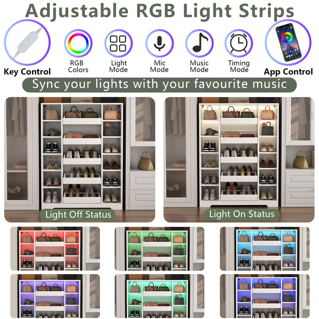 Auromie Shoe Storage Cabinet with 5 Drawers & 12 Shelves, Modern LED Shoe Rack & Handbag Storage Cabinet, Freestanding Shoes and Handbag Storage Organizer for Closet, Entryway, Living Room (White)