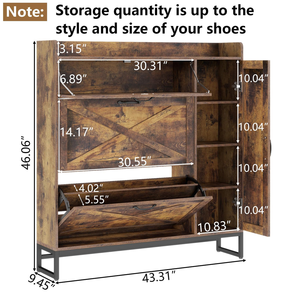 Auromie Rustic Plus: Free Standing Shoe Organizer with 2 Flip Drawers and Adjustable Side Cabinet for Narrow Entryway and Living Room