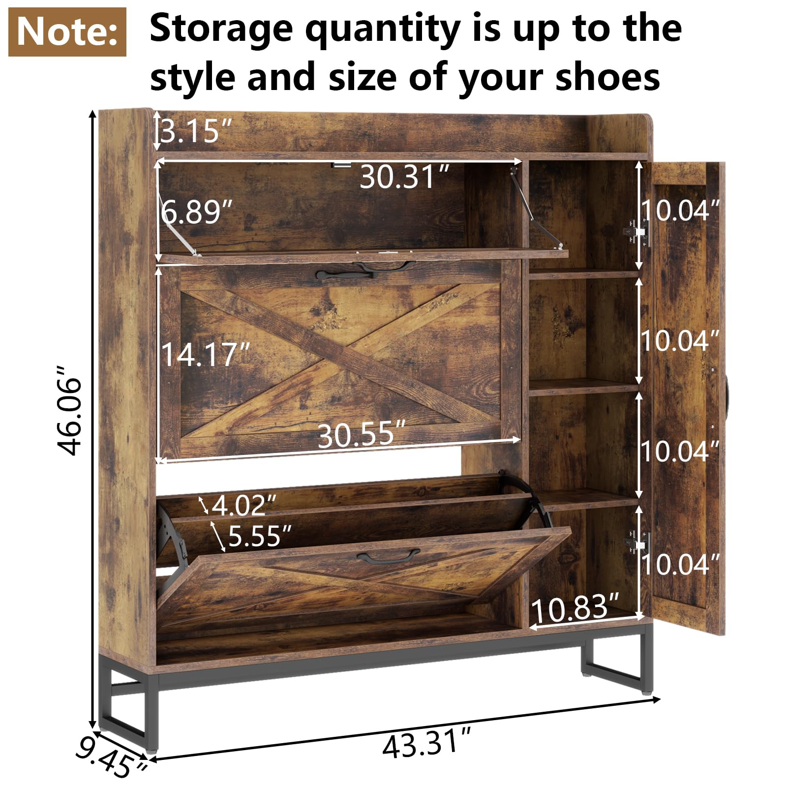 Auromie Rustic Plus: Free Standing Shoe Organizer with 2 Flip Drawers and Adjustable Side Cabinet for Narrow Entryway and Living Room