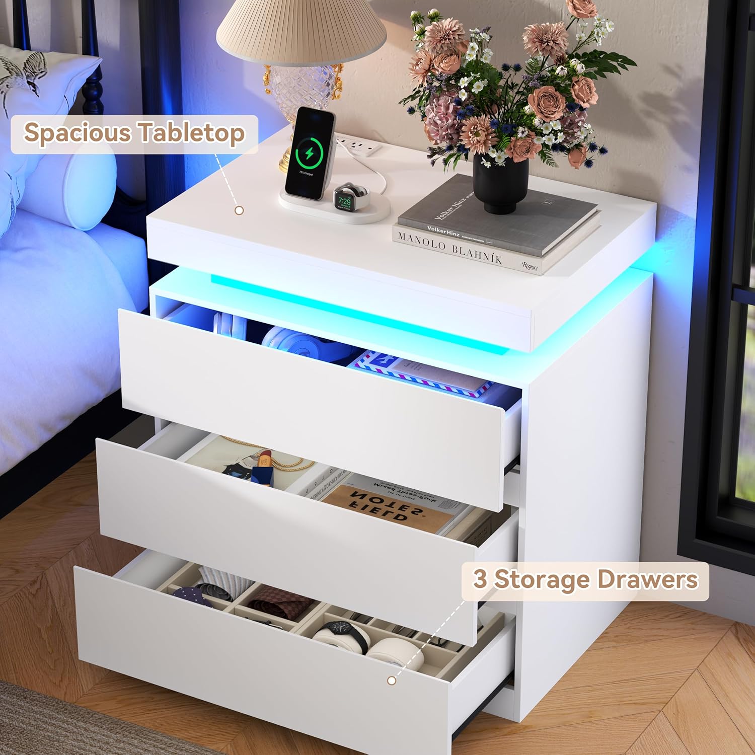 Nightstand with Charging Station and LED Lights, Night Stand with 3 Storage Drawers, Modern Bedside Table for Bedroom, End Side Table for Living Room (White)