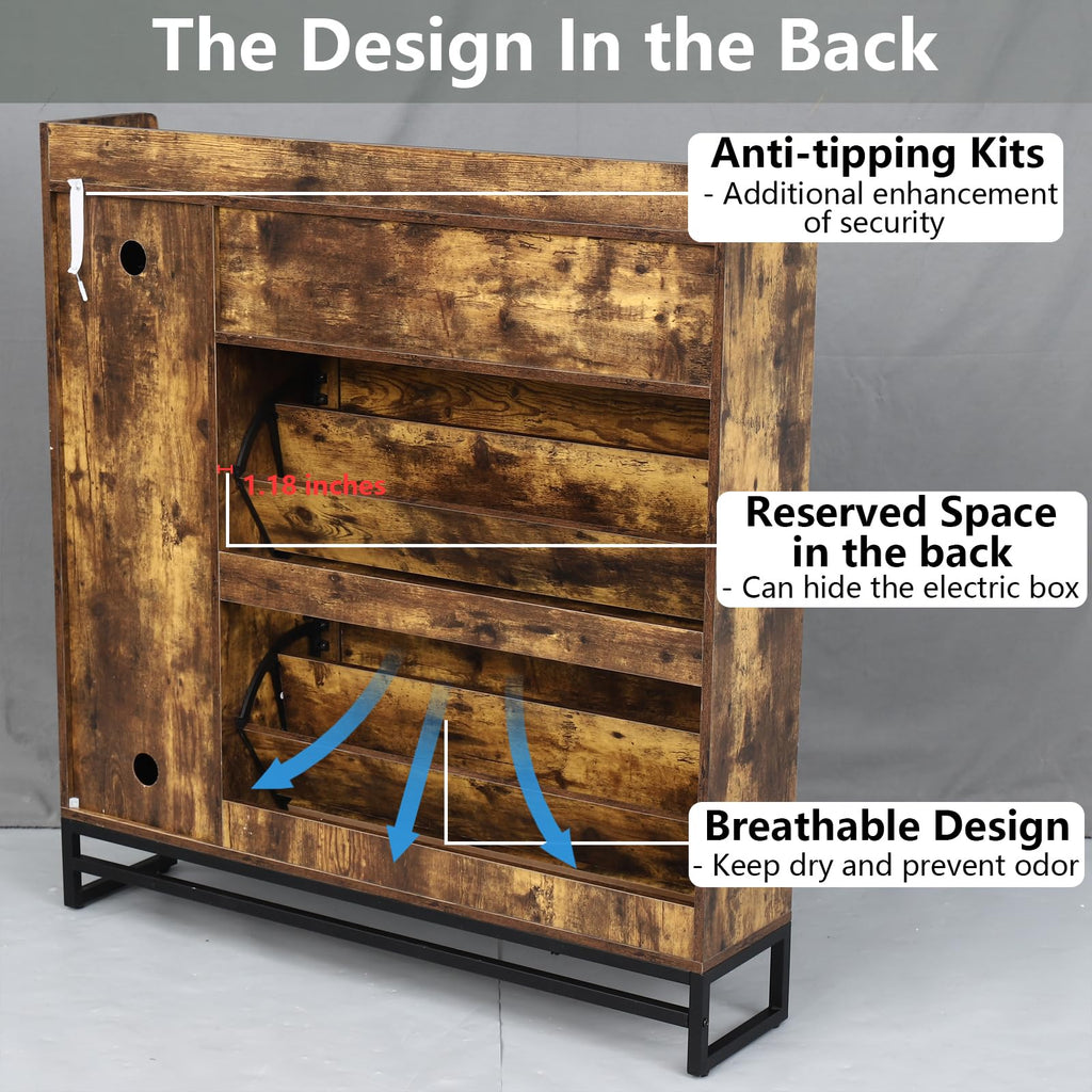 Auromie Rustic Plus: Free Standing Shoe Organizer with 2 Flip Drawers and Adjustable Side Cabinet for Narrow Entryway and Living Room