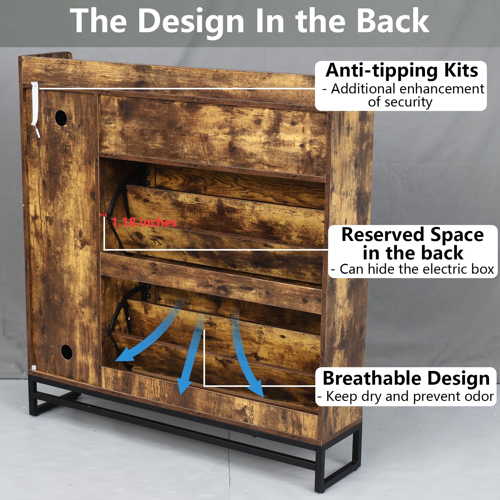 Auromie Rustic Plus: Free Standing Shoe Organizer with 2 Flip Drawers and Adjustable Side Cabinet for Narrow Entryway and Living Room