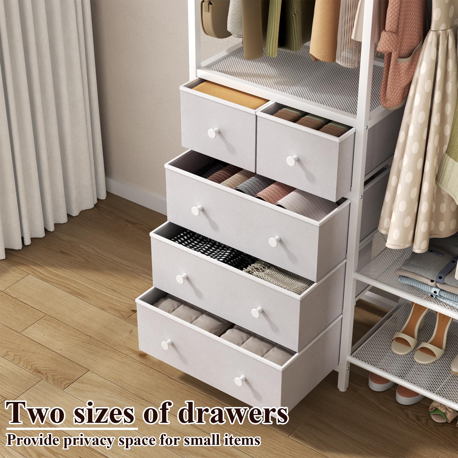 Auromie Clothes Rack with 5 Drawers & 4 Storage Shelves, 59.1W*70.9H Heavy Duty Clothing Rack with 2 Hanging Rods, Wardrobe Closet Organizer System with 5 Hooks, Freestanding Garment Rack (Rustic)