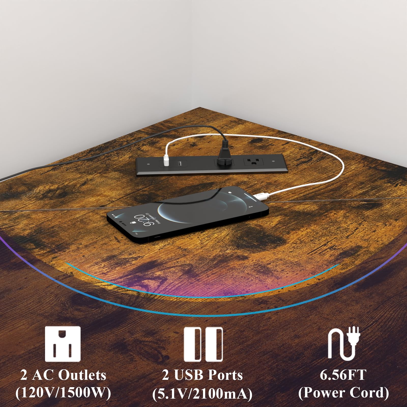 Auromie Corner Desk with Charging Station & LED Light, Triangle Corner Desk with Monitor Stand & Keyboard Tray