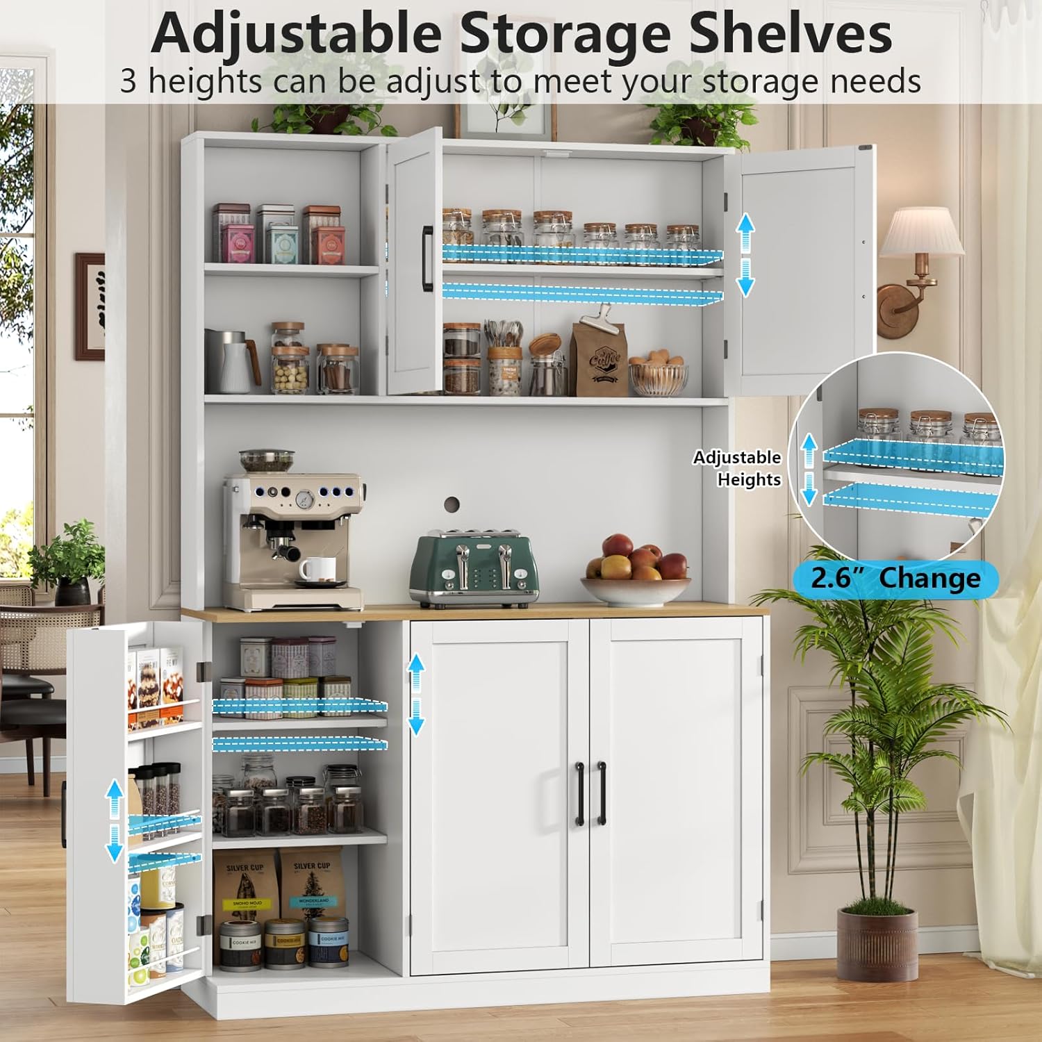 71" Tall Kitchen Pantry Cabinet, Kitchen Pantries with 3 Pull-out Drawers, Storage Cabinets with Hutch & Door Shelves & Microwave Coffee Stand, Pantry Organizer for Dining Room, Living Room (White)