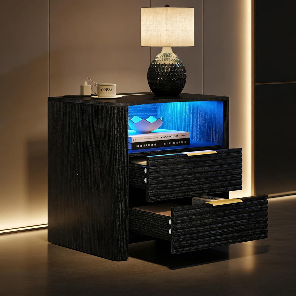 Fluted Nightstand with Led Lights and Charging Station - Led Night Stand with Gold Handle & Open Storage Cubby, 2 Drawer Nightstand with Curved Top, Bedside Nightstands for Bedroom (Black - 1 PC)