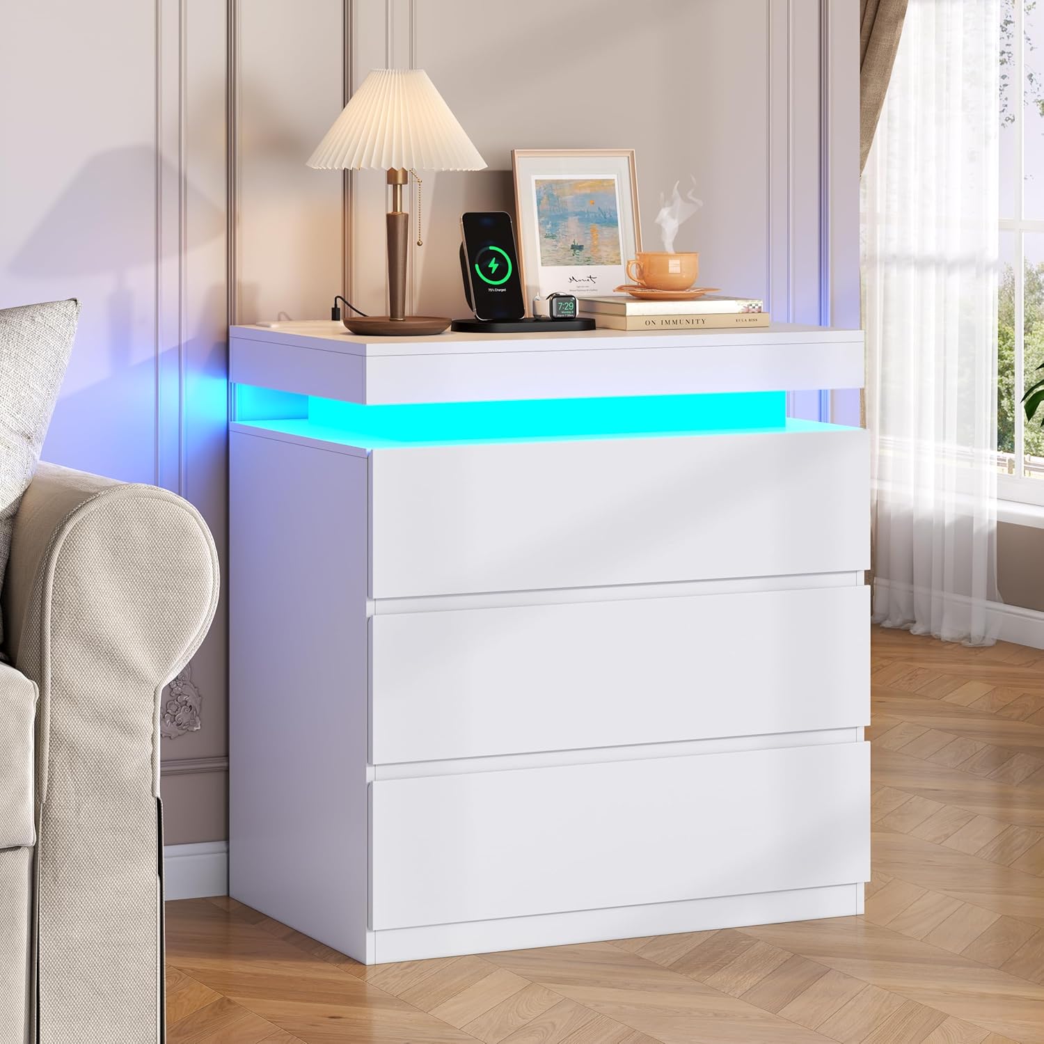 Nightstand with Charging Station and LED Lights, Night Stand with 3 Storage Drawers, Modern Bedside Table for Bedroom, End Side Table for Living Room (White)