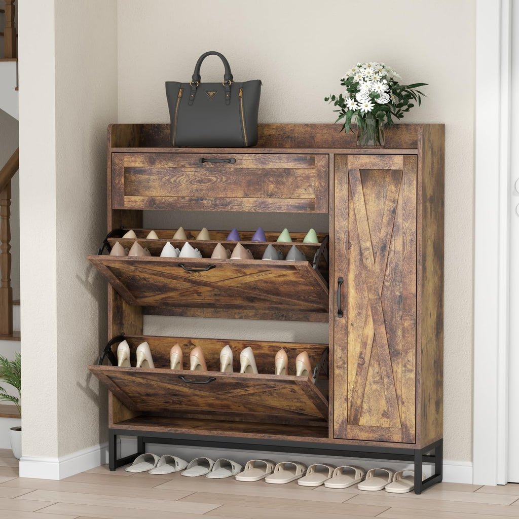Auromie Rustic Plus: Free Standing Shoe Organizer with 2 Flip Drawers and Adjustable Side Cabinet for Narrow Entryway and Living Room
