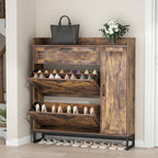 Auromie Rustic Plus: Free Standing Shoe Organizer with 2 Flip Drawers and Adjustable Side Cabinet for Narrow Entryway and Living Room