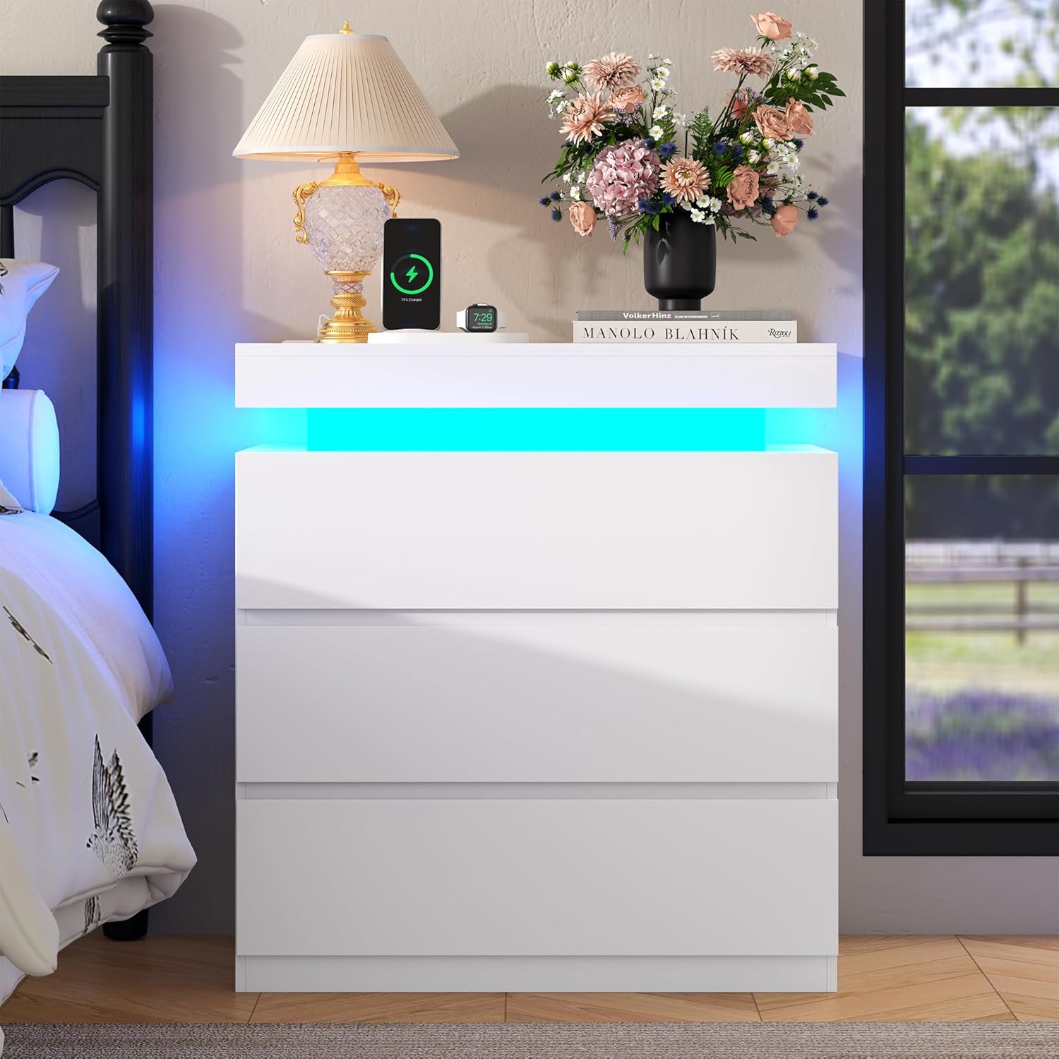 Nightstand with Charging Station and LED Lights, Night Stand with 3 Storage Drawers, Modern Bedside Table for Bedroom, End Side Table for Living Room (White)