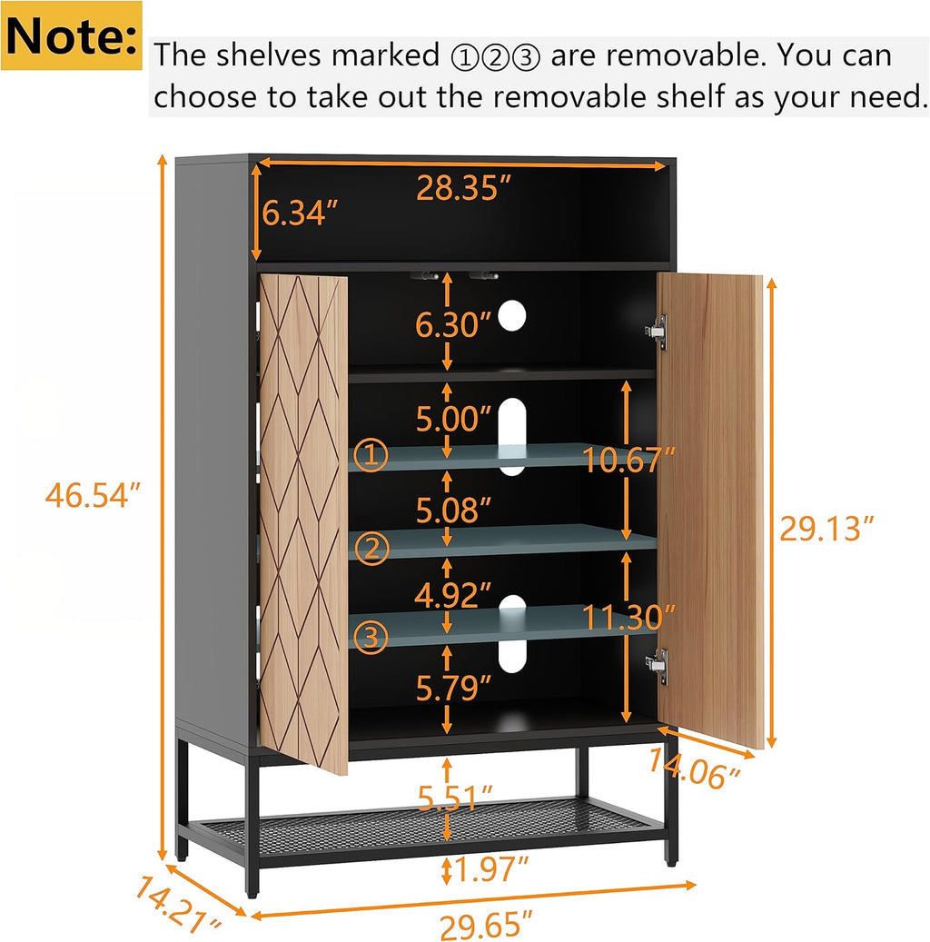 Auromie Shoe Cabinet with Door, 7-Tier Shoe Storage Cabinet with Metal Rack, Entryway Shoe Storage with 3 Removable Shelves and Adjustable Foot for Hallway, Closet, Living Room (Black)