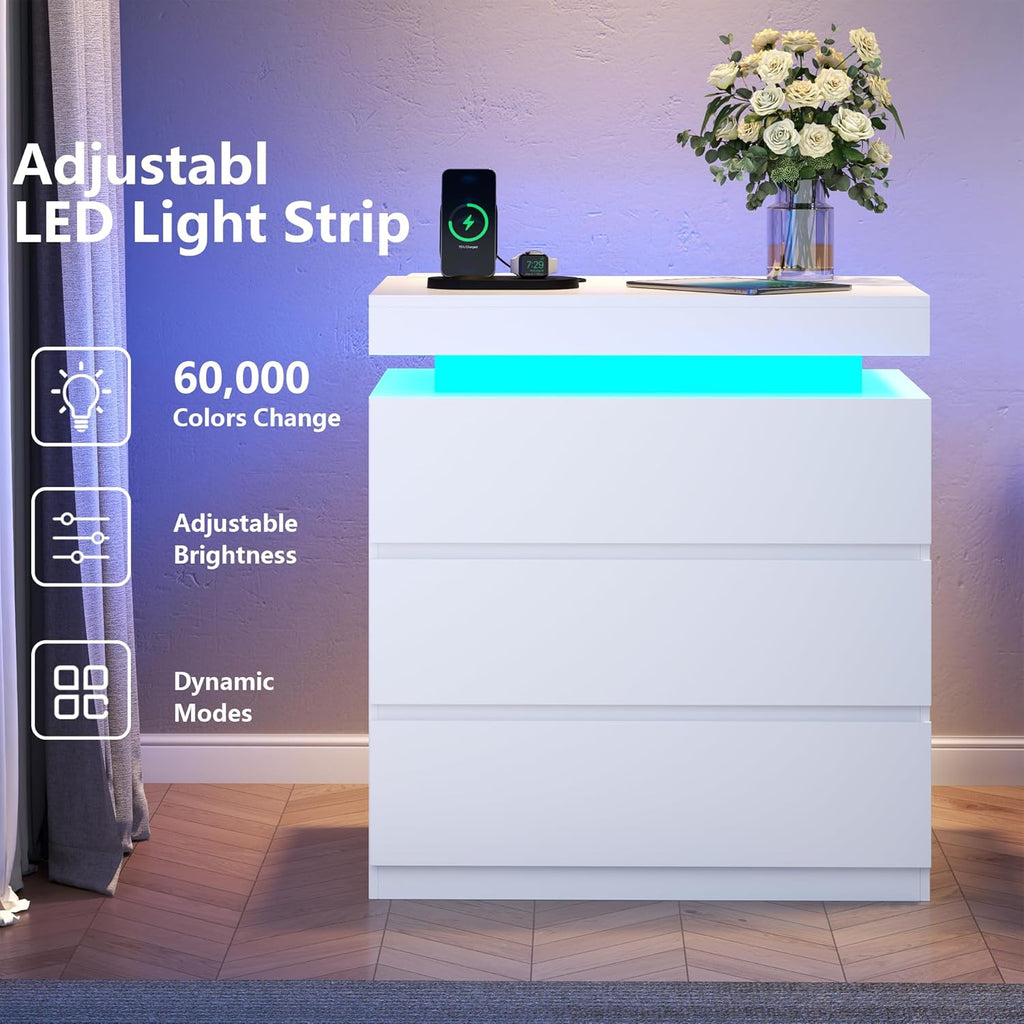 Nightstand with Charging Station and LED Lights, Night Stand with 3 Storage Drawers, Modern Bedside Table for Bedroom, End Side Table for Living Room (White)