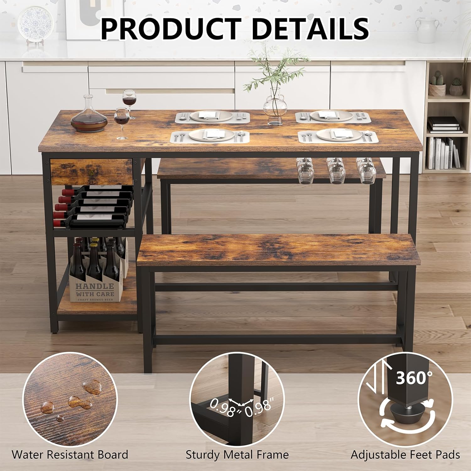 Auromie Dining Table Set for 4-6 People, 54.7" Kitchen Dinner Table with 2 Bench, Dining Room Tables Set with Storage Drawer & Shelf, 3-Piece Breakfast Nook Tables with Wine Rack &Glass Holder (Brown)