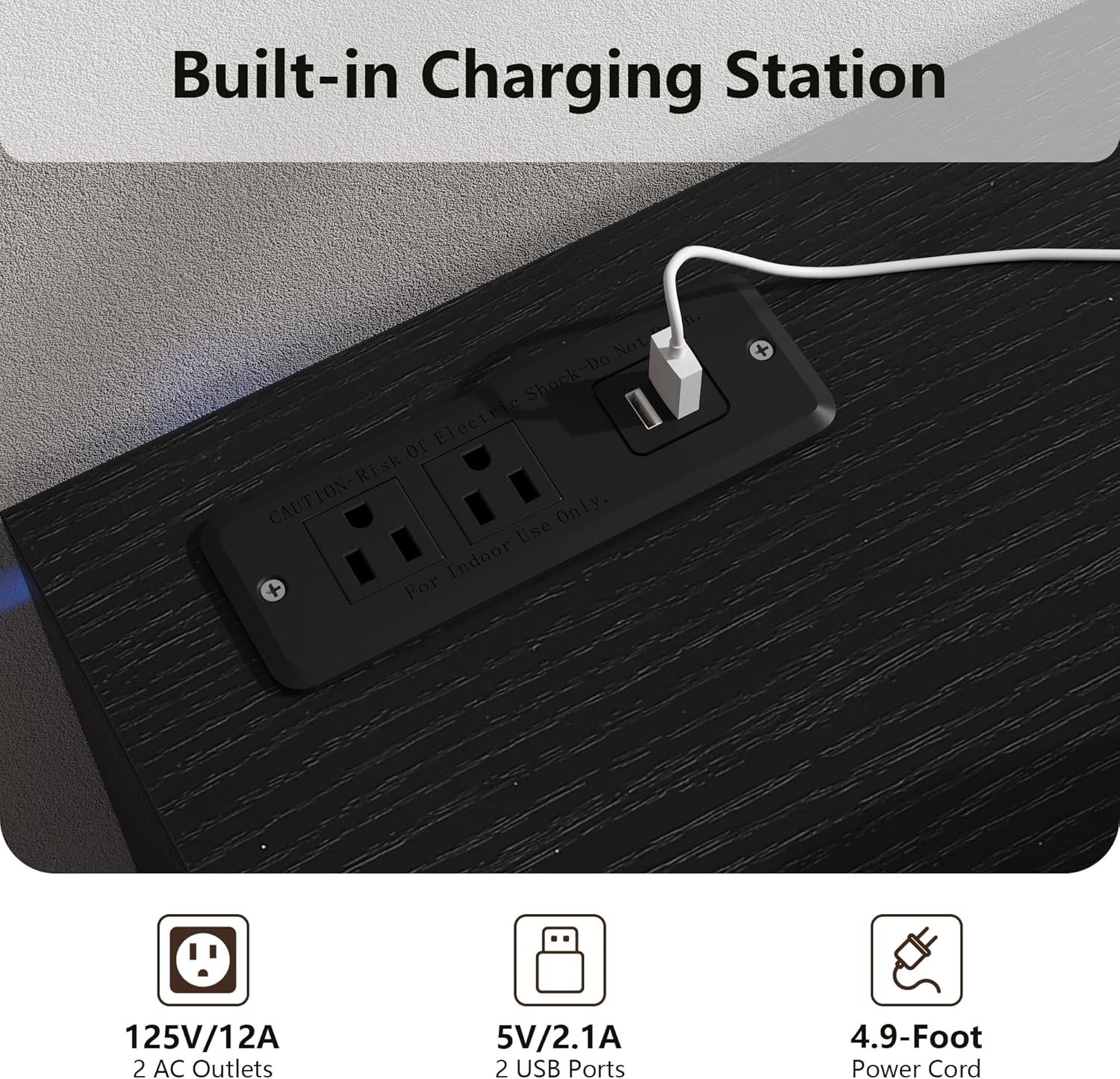 Fluted Nightstand with Led Lights and Charging Station - Led Night Stand with Gold Handle & Open Storage Cubby, 2 Drawer Nightstand with Curved Top, Bedside Nightstands for Bedroom (Black - 1 PC)