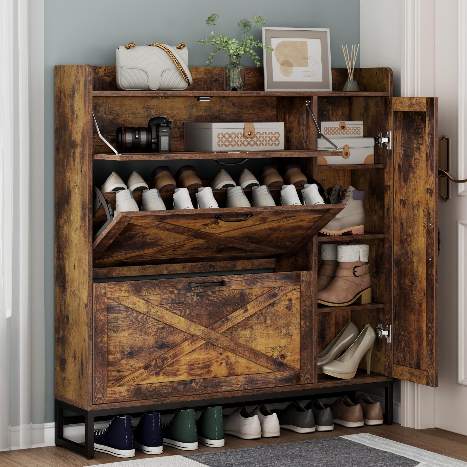 Auromie Rustic Plus: Free Standing Shoe Organizer with 2 Flip Drawers and Adjustable Side Cabinet for Narrow Entryway and Living Room