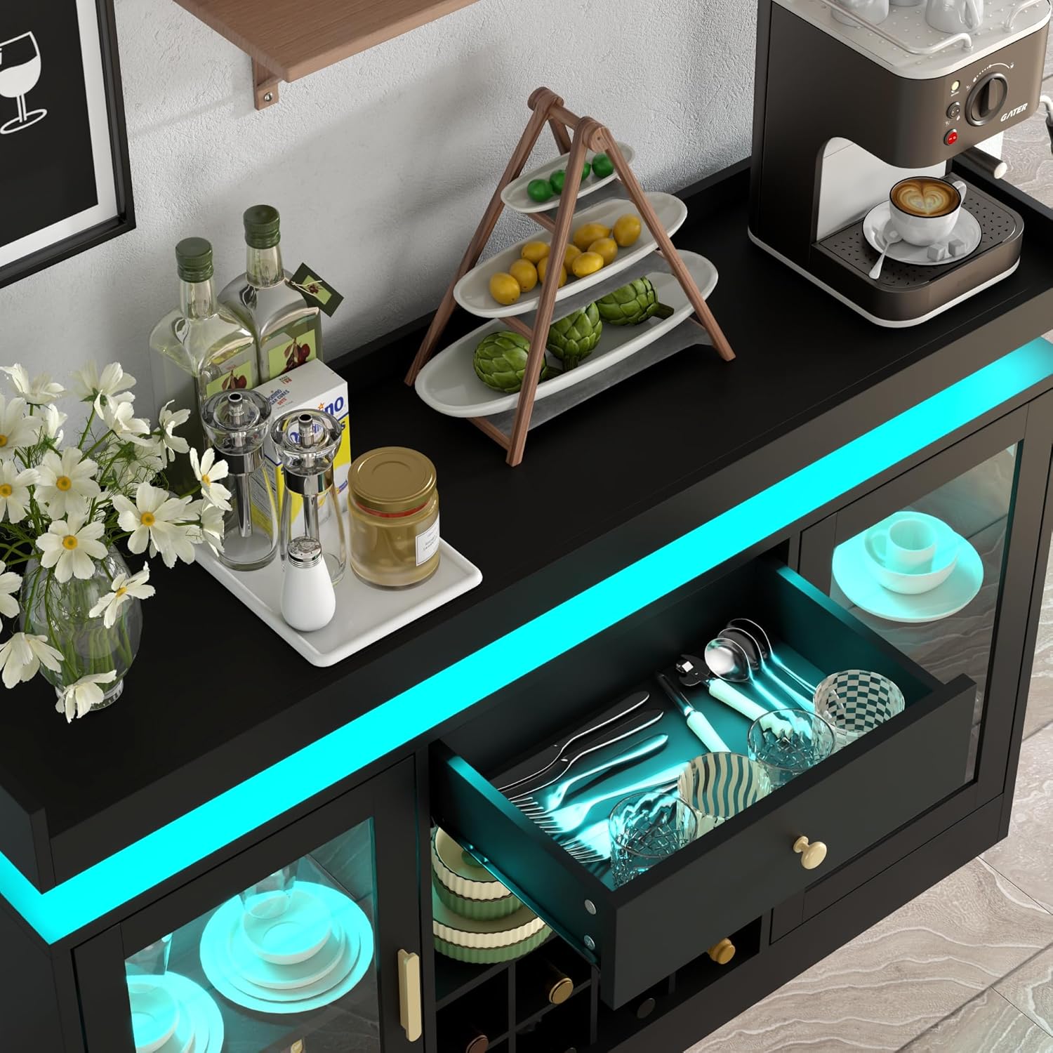Wine Bar Cabinet with LED Light, Home Coffee Bar Cabinet with Wine and Glass Rack, Modern Sideboard Buffet w/ Storage Drawer & Shelves, Freestanding Liquor Cabinets for Living Room,Dining Room (Black)