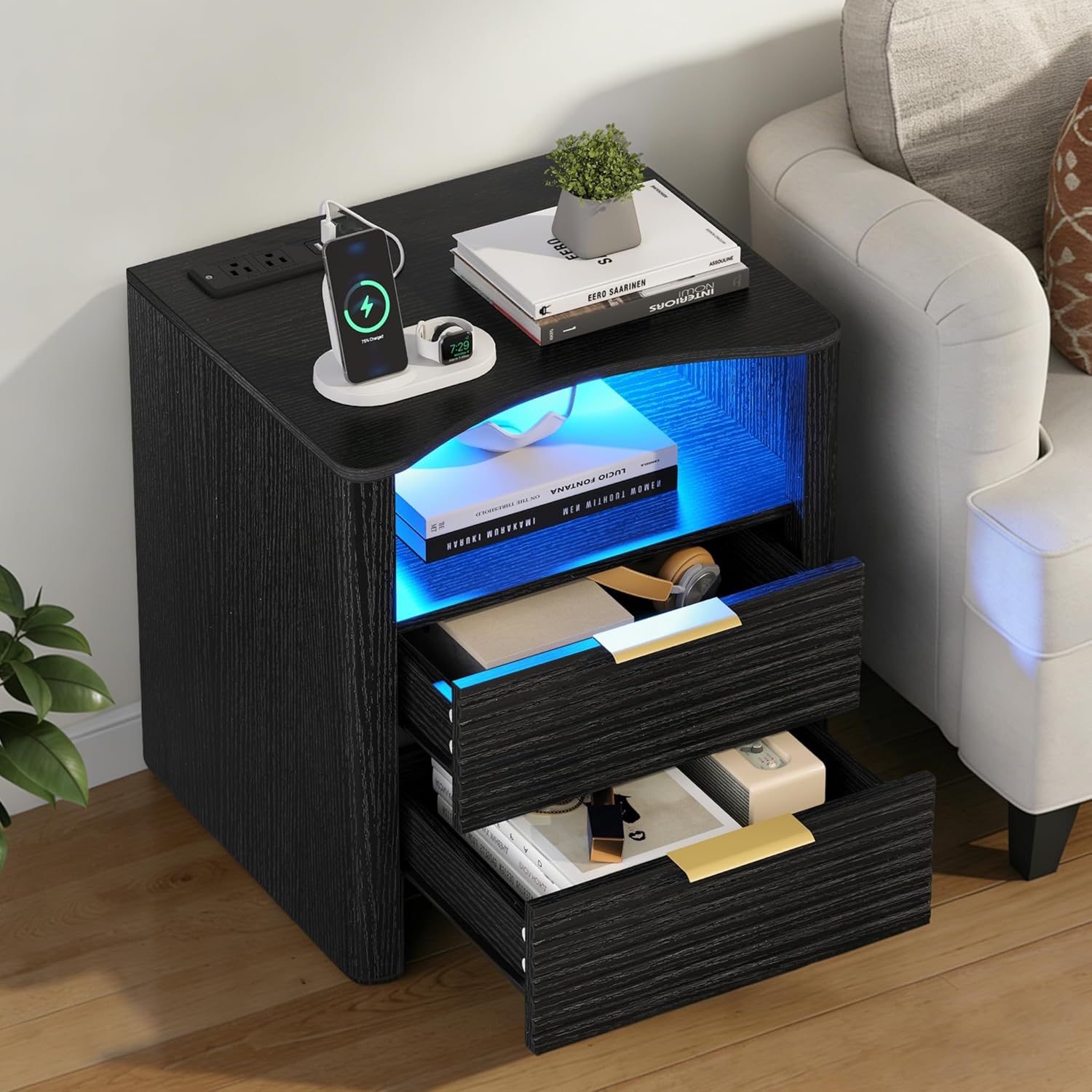 Fluted Nightstand with Led Lights and Charging Station - Led Night Stand with Gold Handle & Open Storage Cubby, 2 Drawer Nightstand with Curved Top, Bedside Nightstands for Bedroom (Black - 1 PC)