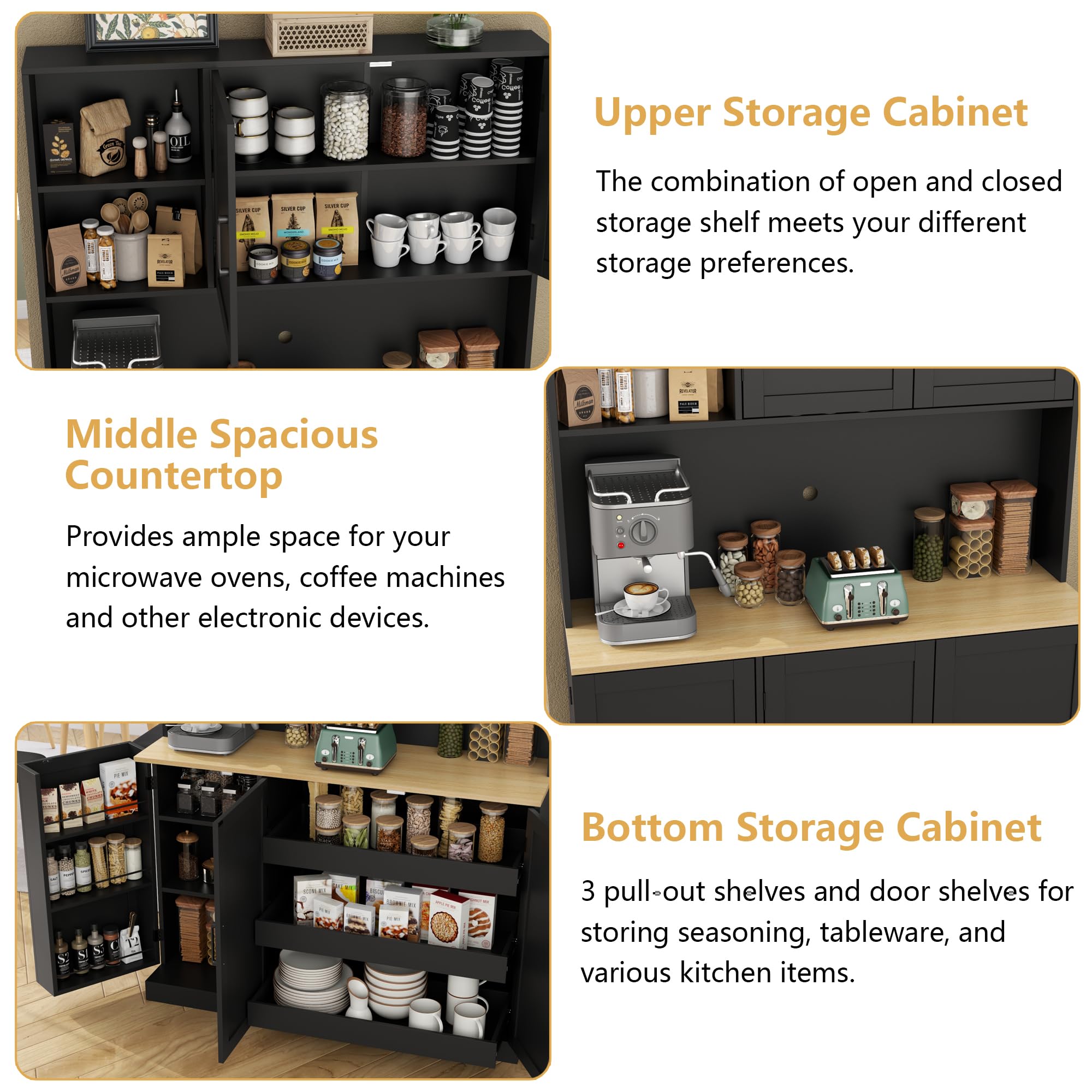 71" Tall Kitchen Pantry Cabinet, Kitchen Pantries with 3 Pull-out Drawers, Storage Cabinets with Hutch & Door Shelves & Microwave Coffee Stand, Pantry Organizer for Dining Room, Living Room (White)