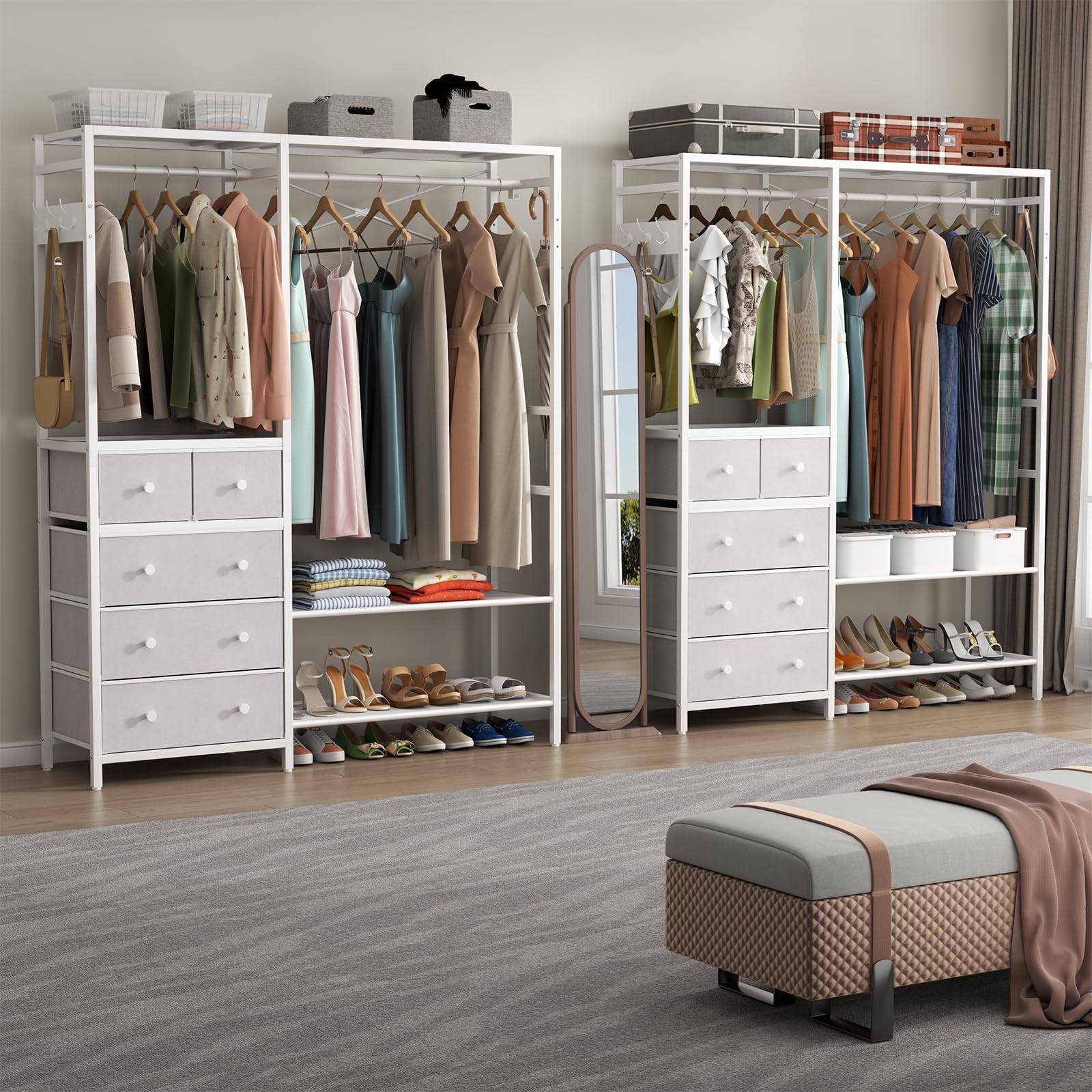 Auromie Clothes Rack with 5 Drawers & 4 Storage Shelves, 59.1W*70.9H Heavy Duty Clothing Rack with 2 Hanging Rods, Wardrobe Closet Organizer System with 5 Hooks, Freestanding Garment Rack (Rustic)