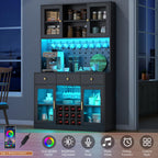 72" Tall Wine Bar Cabinet with Storage Hutch & Pegboard, Coffee Bar Cabinet with LED Lights, Modern Liquor Cabinets with 9-grid Wine & Glass Racks, Pantry Cabinet for Kitchen, Living Room (Black)