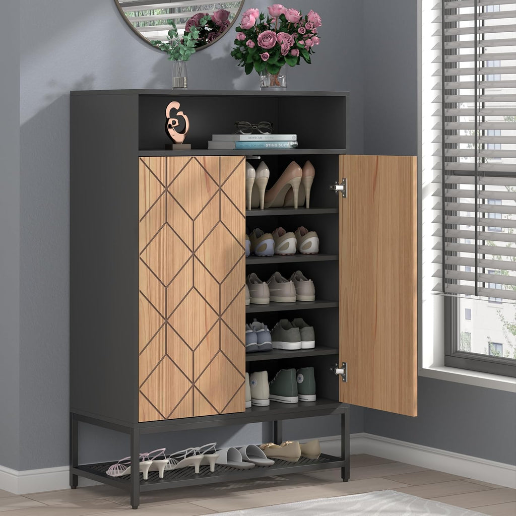 Auromie Shoe Cabinet with Door, 7-Tier Shoe Storage Cabinet with Metal Rack, Entryway Shoe Storage with 3 Removable Shelves and Adjustable Foot for Hallway, Closet, Living Room (Black)